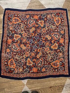 ✨🧡 Vintage 100% Silk Gauze Scarf Paisley Navy Orange 29” Square | Hand Rolled ✨